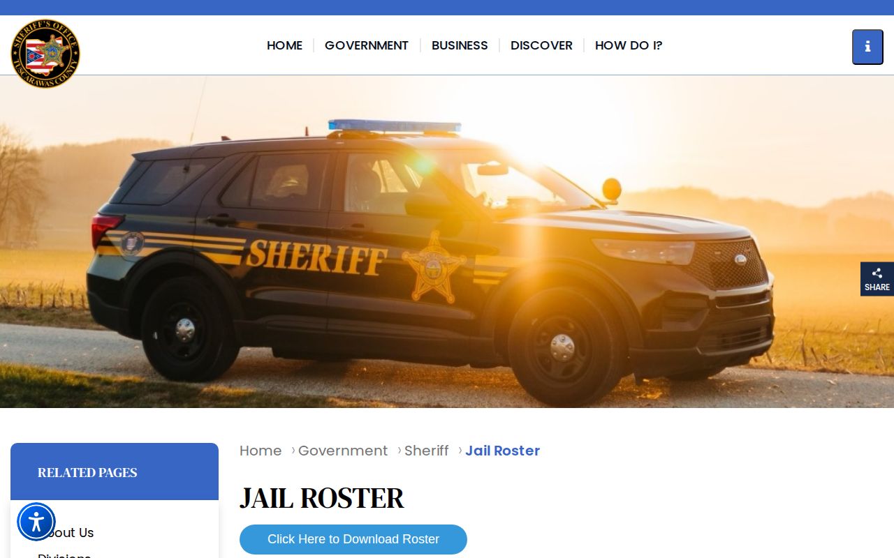 Tuscarawas County Sheriff Jail Roster page showing current-only framing