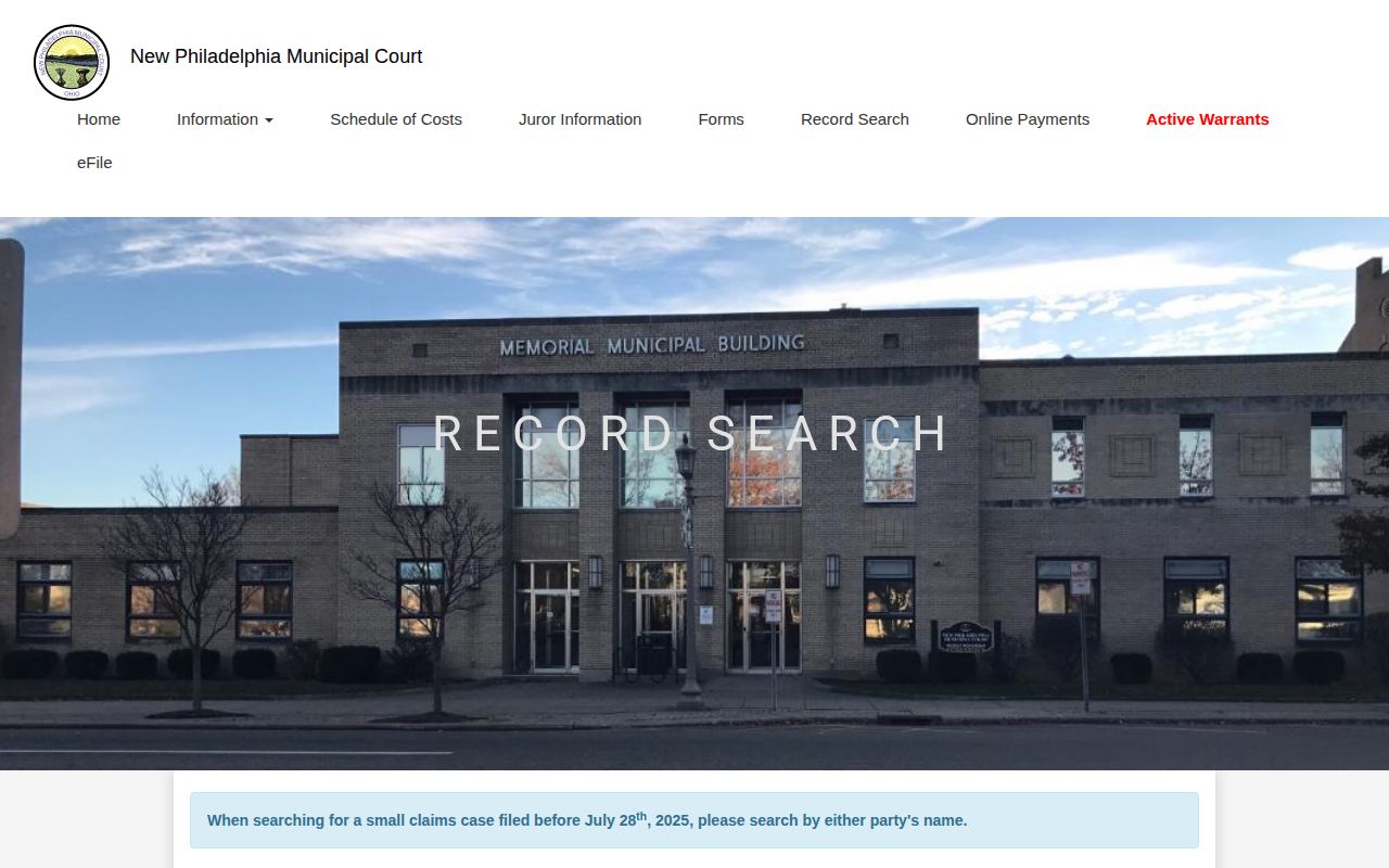 New Philadelphia Municipal Court official record search screen