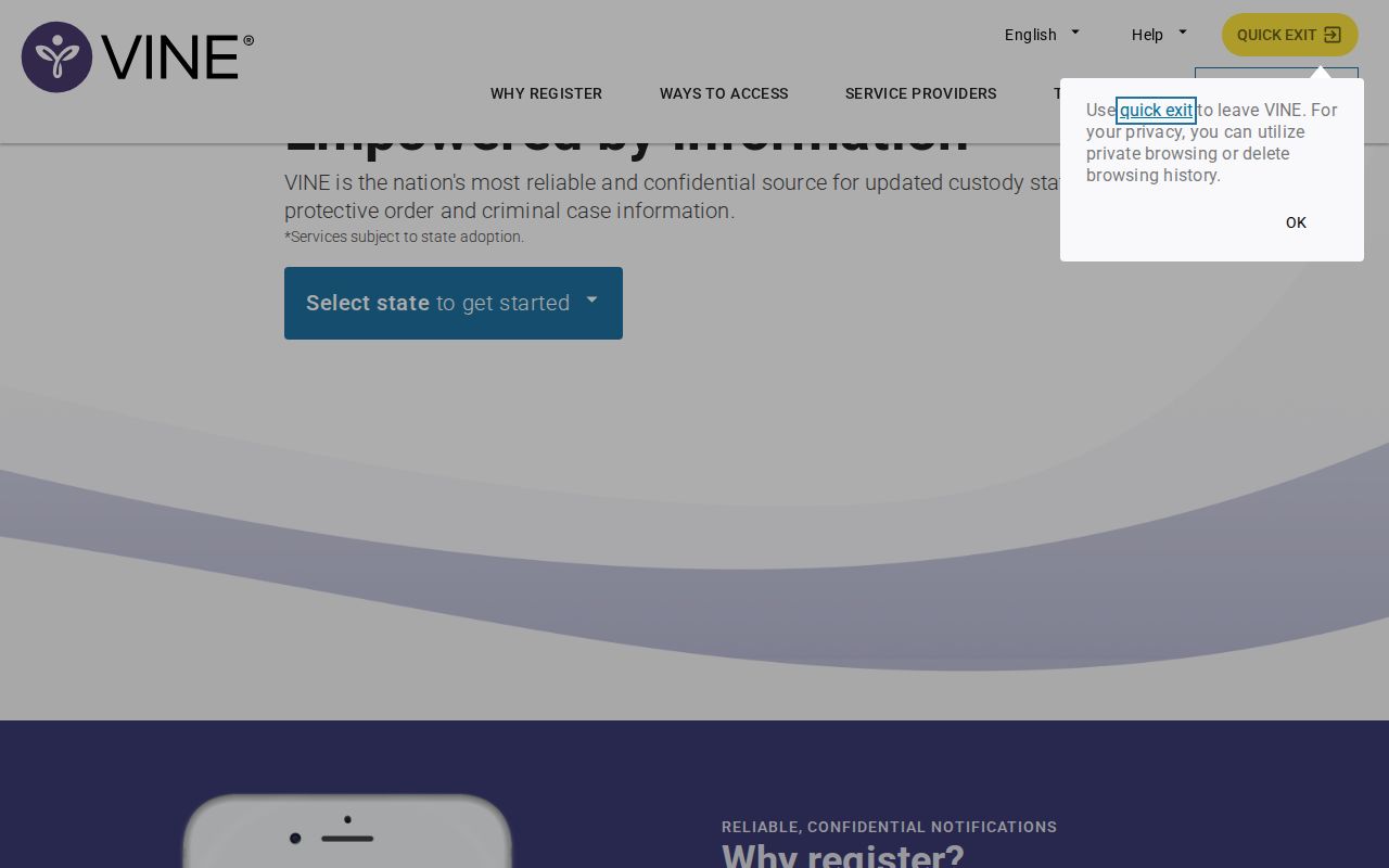 Ohio state selection screen for a Tuscarawas County VINE inmate check