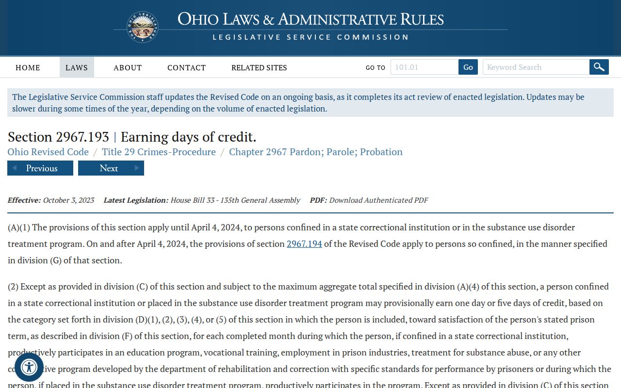 Ohio earned-credit statute provisions
