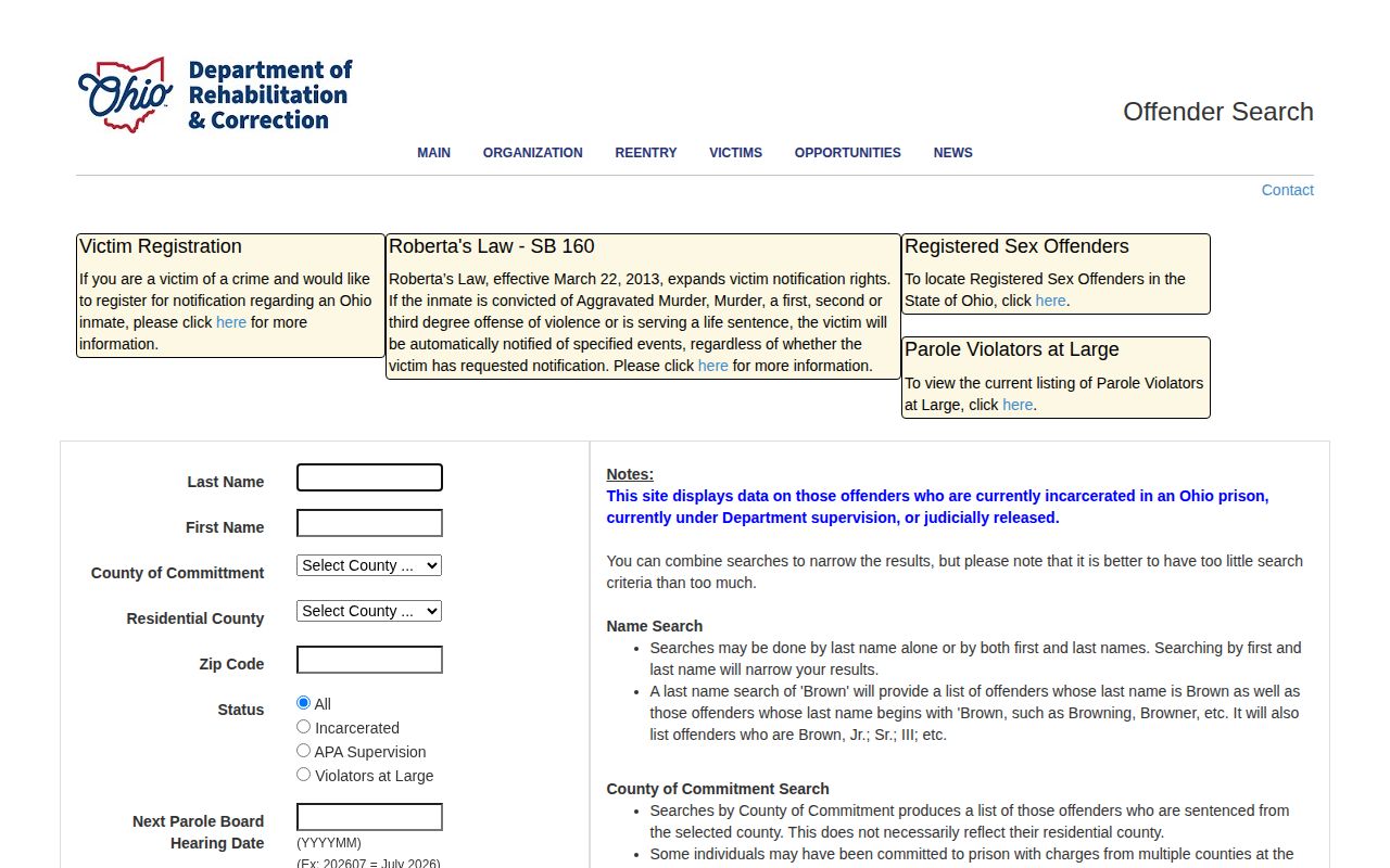 Tuscarawas County ODRC released inmate search fields